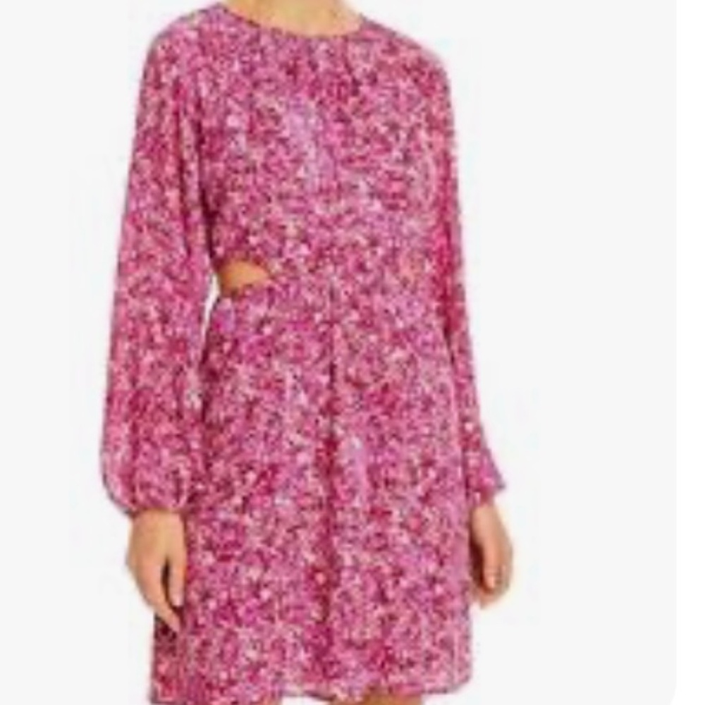 WOMEN'S AQUA PINK FLORAL DRESS WITH LONG SLEEVE AND SIDE CUT SIZE XS